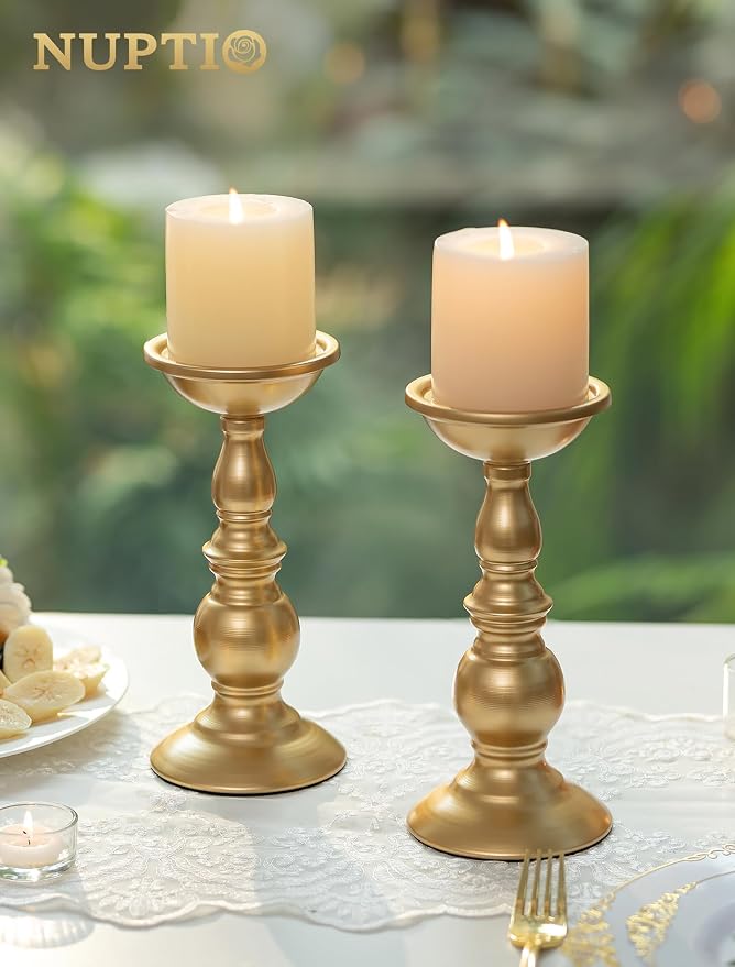 NUPTIO Gold Pillar Candle Holder: Brass Tall Stand for 3" Candles