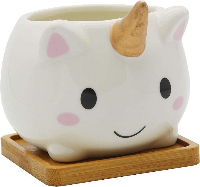 Cuteforyou Succulent Pots,Cute Animal Shaped Cartoon Ceramic Succulent Cactus Flower Planters with Bamboo Tray -Plant Not Included (Elf)