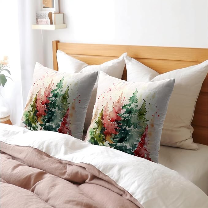 Christmas Tree Outdoor Throw Pillow Cover 18x18 Inch Set of 2 Winter Colorful Pine Tree Cushion Covers Xmas Holiday Theme Accent Pillowcase for Home Bedroom Sofa Patio