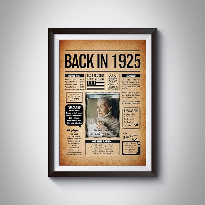 Back in 1925 Poster Sign, Personalized Birthday Gifts Idea, Custom 1925 Historical Birthday Newspaper, Born in 1925 Birthday Party Decorations, Fun Fact for the Day You Were Born, Decor Art Print