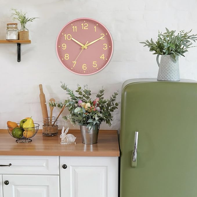 Roymnie 12 Inch Wall Clock Battery Operated Silent Non Ticking Analog | Pink Gold modern analog; large 3D easy-read dial for kitchen, office, bathroom & bedroom; 1 AA battery (not included)