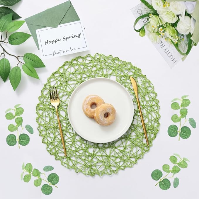 IcosaMro Grass Green Round Placemats Set of 12 for Dining Table, 13 Inches Paper Woven Boho Small Decorative Circle Place Mat for Wedding Christmas Thanksgiving Day Holiday Dinner, Green