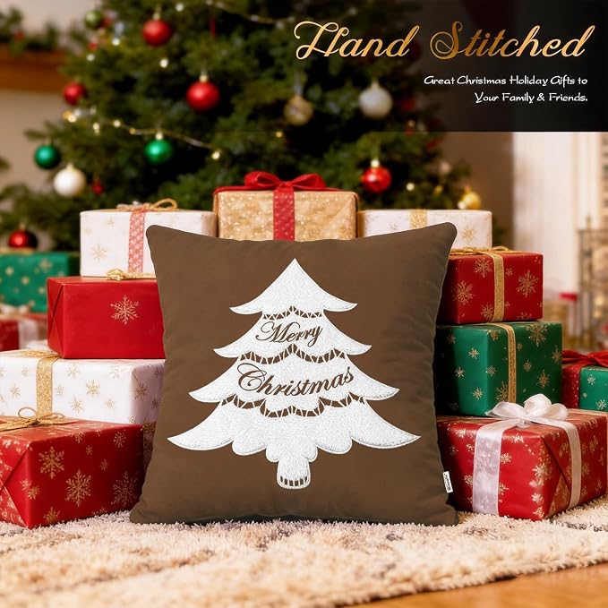 BRAWARM Christmas Pillow Cover 18 X 18 Inches, Brown Christmas Tree Embroidered Pillow Cover, Soft Velvet Decorative Throw Pillow for Couch Bed Sofa Living Room Home