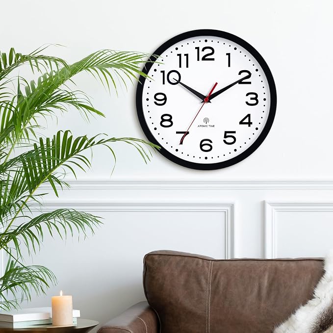Roymnie 14 Inch Atomic Wall Clock, Battery Operated Silent Non Ticking | Black analog wall clock; bold numerals for easy reading; silent non-ticking; 1 AA battery (not included); for classroom