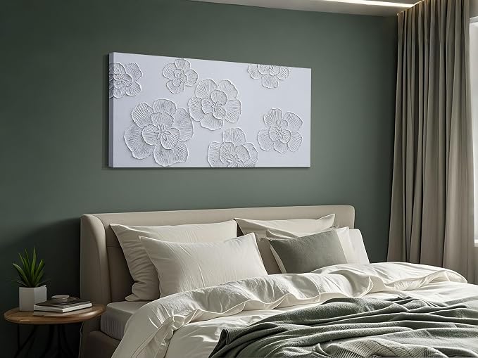 Arjun Flower Canvas Wall Art Hand Painted Framed Living Room Bedroom Decor | Textured Painting Elegant Modern White Floral Minimalism Picture for Home Office Wall Décor Large 40"x20" Horizontal Vertical