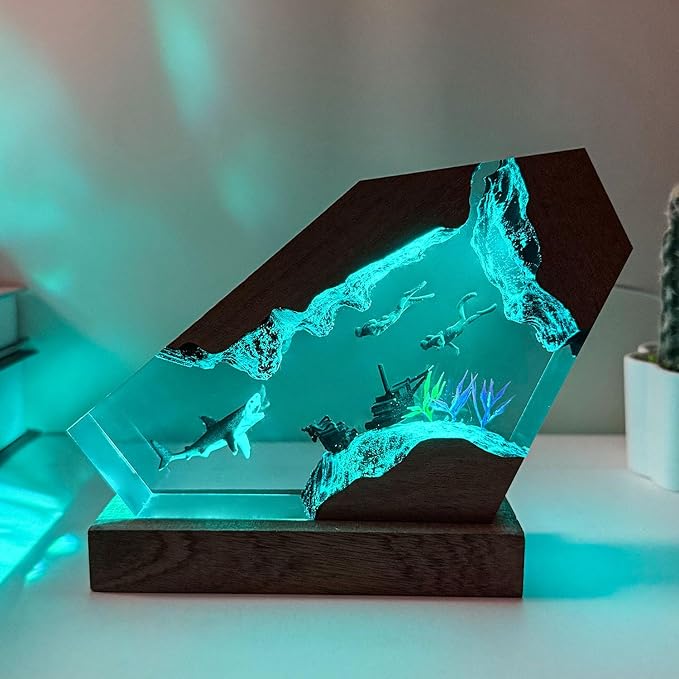 Handmade Shark Resin Lamp with Wooden Base