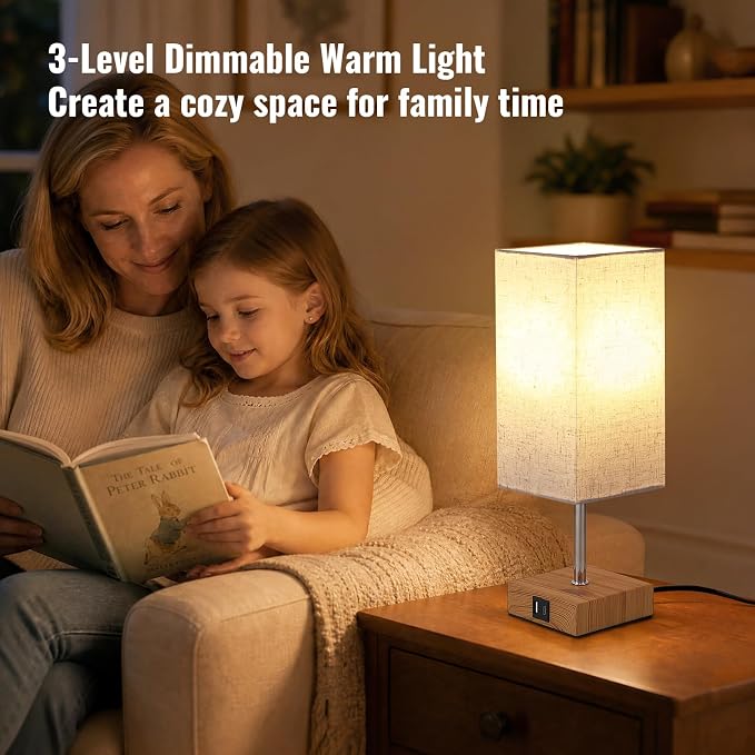Siljoy Bedside Table Lamp with USB A+C Touch Control Dimmable Bulb Included