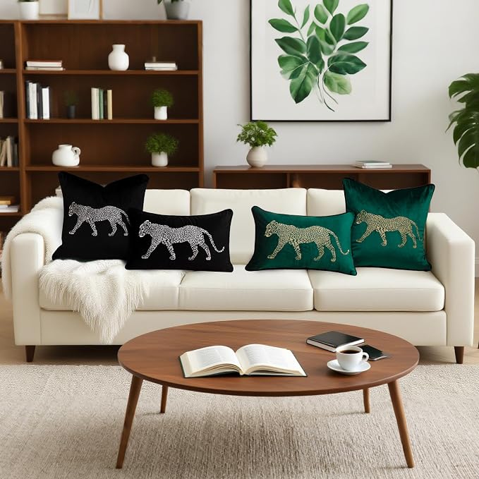 vctops Soft Velvet Embroidery Square Decorative Throw Pillow Covers Leopard Pattern Cushion Case for Sofa Bedroom Couch (Green,18"x18")