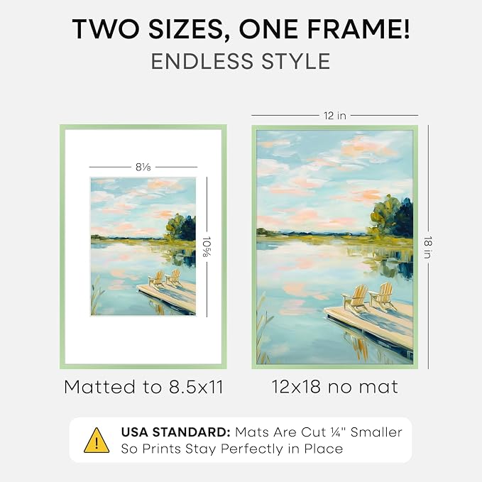 Homeforia 12x18 Green Picture Frame, High-End Metal, 8.5x11 Mat, Glass