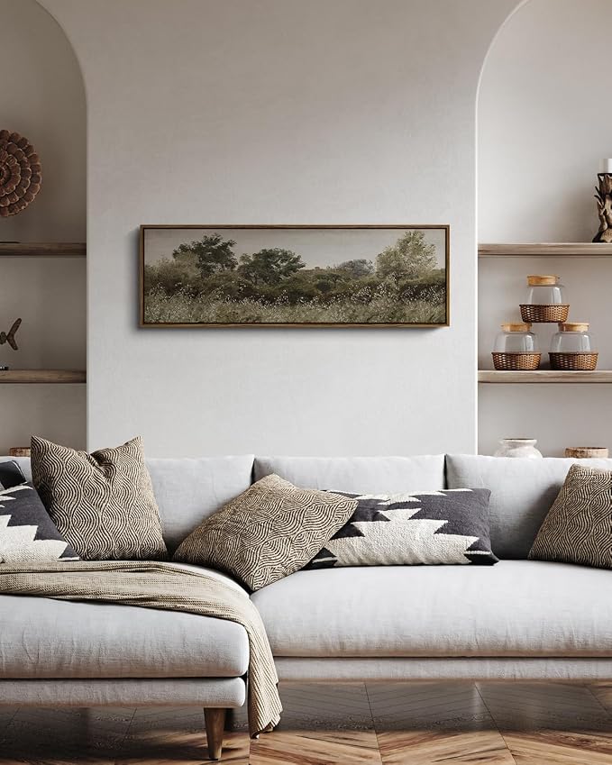 InSimSea Extra Large Framed Vintage Wall Art, Rustic Landscape, 36x12in | Grassland Farmhouse Picture, Canvas, Long Horizontal, Bedroom Above of Bed Fireplace Living Room