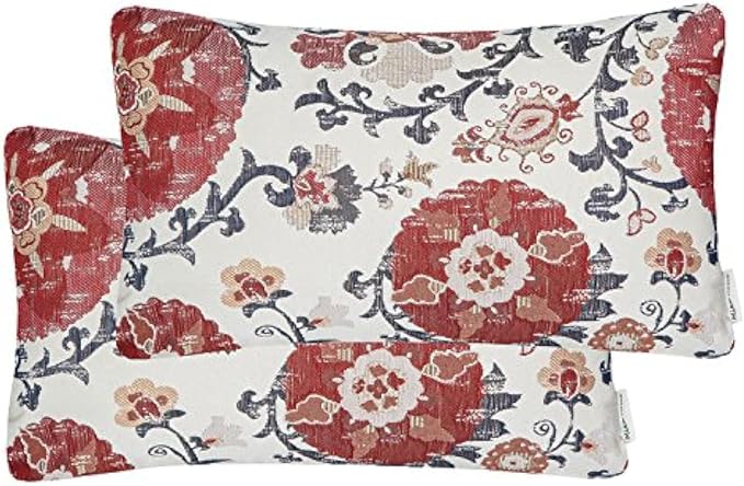 Mika Home Pack of 2 Jacquard Circle Floral Throw Pillow Covers, Cream Red | Rectangle, Oblong Pillow Cases, For 12X20 Inserts