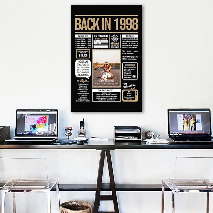 Personalized 27th Birthday Party Decorations Men, Women, Him, Her - Custom Gifts Idea For 27 Years Old, Back In The Year You Born Newspaper For 27th Birthday Poster No Frame Black Gold