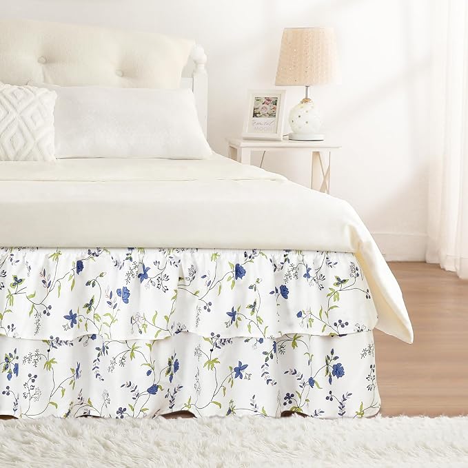 RIMELA Ruffle Bed Skirt Blue Berry Floral Queen 15 Inch Drop, Elastic Wrap Around Bed Skirting Queen Size, Easy to Install Dust Ruffle, Machine Washable Soft Fabric, Multi Ruffle Bedskirt