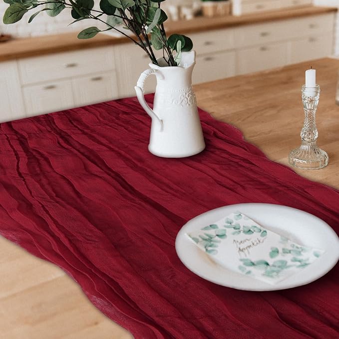 12 Pack Cheesecloth Table Runner, Runner Gauze Boho Wedding Decor Romantic Table Runner for Wedding Birthday Party(35" x 118") (Wine Red)