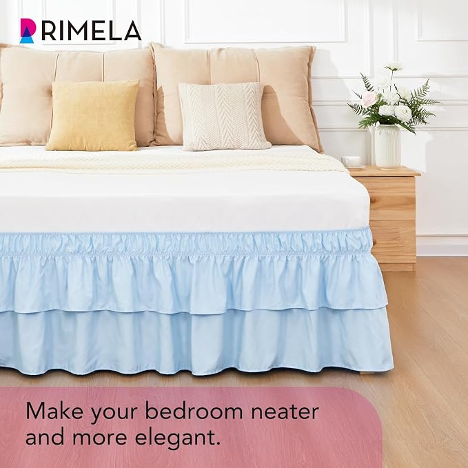 RIMELA Queen Size Ruffle Bed Skirt 15 Inch Drop - Light Blue Double Layered Wrap Around Dust Ruffle, Romantic Cute Design Bedskirt with High-Density Fabric, Soft Stretchy, Easy Install for Queen Bed