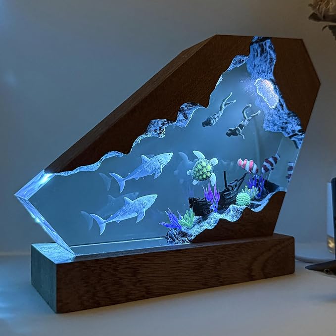 Handcrafted Shark Resin Ocean Lamp with Wooden Base