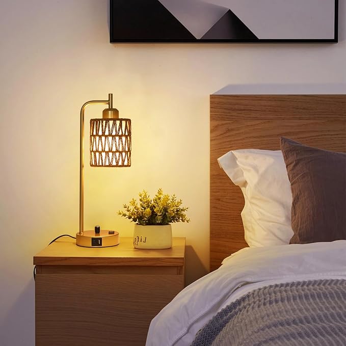 Gold Lamp for Bedroom, Boho Rattan Table Lamps Set of 2 with LED Bulbs, Bedside Lamps for Night Stands with Wicker Shade, USB Port and Outlet, Modern Side Desk Lamp for Living Room Office