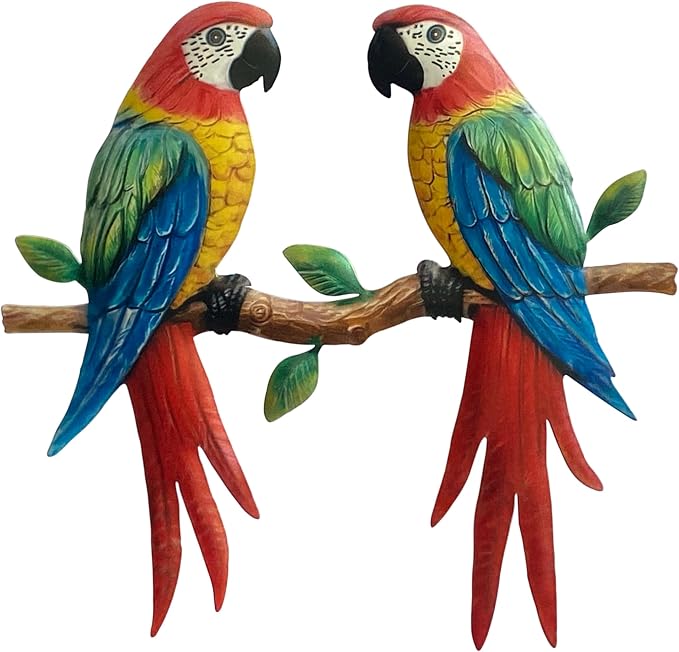 Limygus Tropical Colorful Double Parrot Metal Wall Hanging Decor for Outdoor Patio Yard Indoor Bedroom Balcony