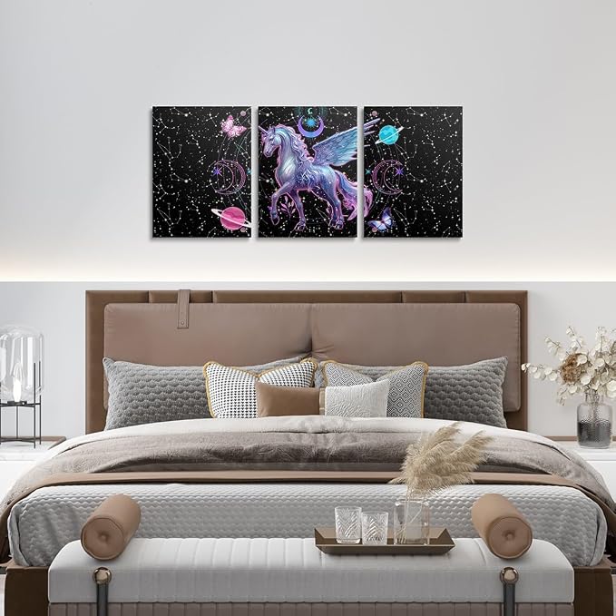 Feelyou Galaxy Unicorn 3 Piece Canvas Wall Art for Living Room Bedroom Solar System Wall Art for Home Decor Moon Star Office Wall Decor Space Outer Sky Wall Painting