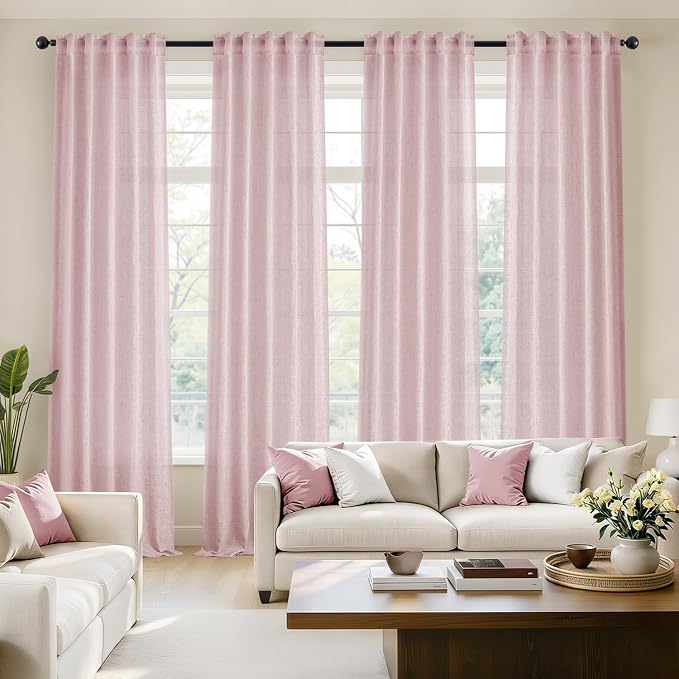 MIULEE Pink Back Tab Linen Curtains 4 Panels 42W x 108L | Linen material, light filtering, rod pocket back tab hanging, farmhouse decor for living room bedroom