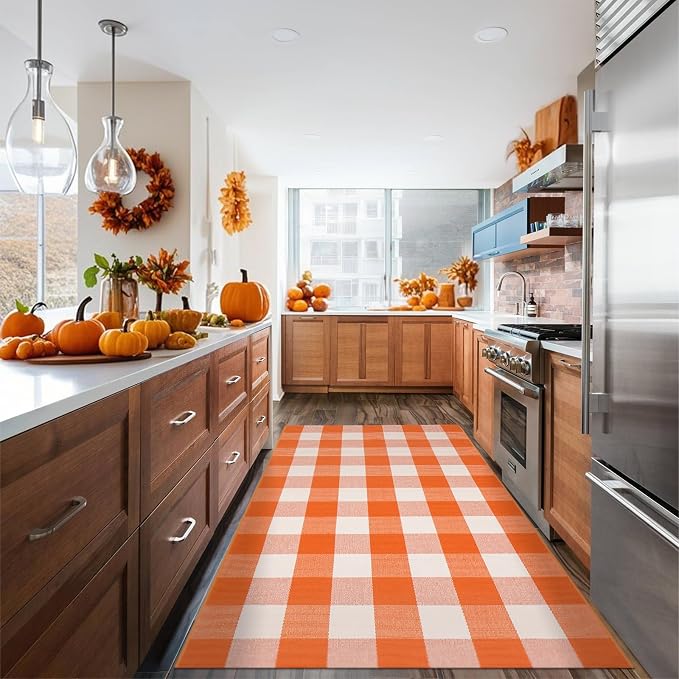 Fall Buffalo Plaid Rug 3x5 Ft, Orange White Indoor Outdoor Rug | Cotton Blend, Orange White Checkered, Machine Washable, Layering Rug, Porch Entryway Decor