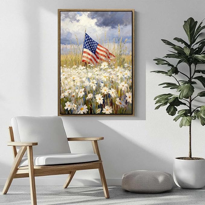 American Flag Framed Canvas Wall Art, 4th of July Patriotic Canvas Prints | Wildflower Landscape Poster Print, Vintage Rustic Independence Day Wall Decor for Bedroom Living Room Office 6×8in