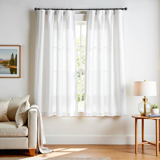 jinchan Linen Curtains Light Filtering Back Tab 50x72 Inch 2 Panels White | Semi Sheer Curtains 72 inch length for Bedroom Living Room, Modern Farmhouse Drapes with Rod Pocket, Natural Boho Curtains