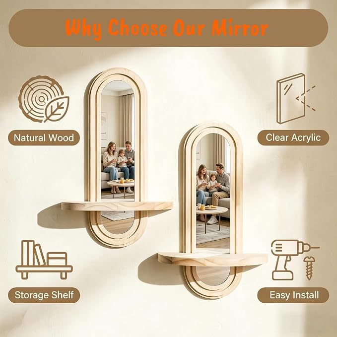 Wooden wall-Mounted Decorative Mirrors, Bohemian Style, with Acrylic Mirror Surfaces, Perfect for Home Decor, Set of 1(13.58''x4.52'')