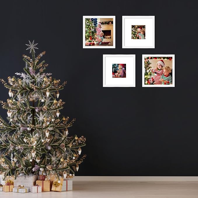 12x12 Picture Frame Set of 9, Display Pictures 8x8 with Mat or 12x12 without Mat, Multi Collage Gallery Square Photo Frames for Wall or Tabletop, White