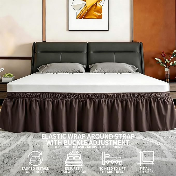 ANARACHON Twin Bed Skirt, Elastic Wrap Around Bed Skirt Twin Size, Bed Skirts for Adjustable Bed, Easy Fit with 14" Drop Length Tailored Drop Dust Ruffle (Brwon)