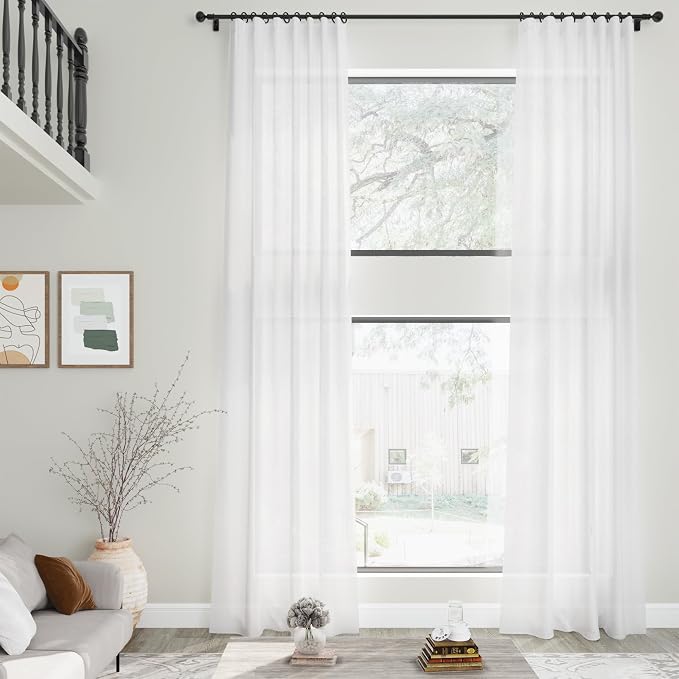 Linen White Extra Long Curtains for Living Room Back Tab Light Filtering Semi Sheer Drapes 2 Panels Set Modern Farmhouse Decor Linen Textured Curtain for Floor to Ceiling Window 52x138