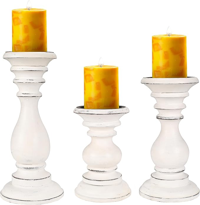 Decorative Wooden Candle Holders Set of 3, White Antique Mango Wood Pillar Candle Stands for Farmhouse Home Décor, Rustic Table Centerpiece for Wedding, Dining Table & Living Room, 10", 8" & 6" Tall