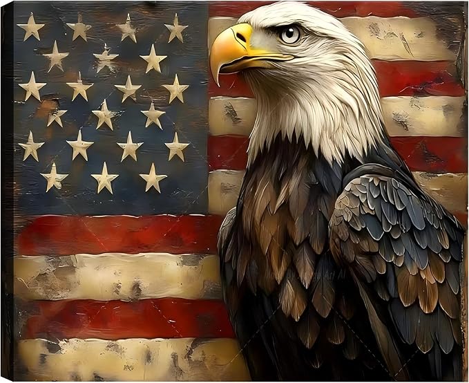 Framed Bald Eagle American Flag Wall Art, Patriotic USA Canvas Art Pictures, Vintage Eagle Wall Decor for Office Living Room Man Cave, Ready to Hang Made in USA