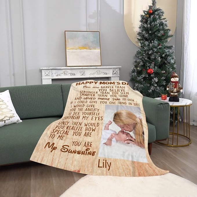 TURMTF Custom Photo Blanket with Name for Mom, Mothers Day Birthday for Mom from Daughter Son, Meaningful Soft Flannel Throw for Couch Bed Travel, Personalized Present for Mother
