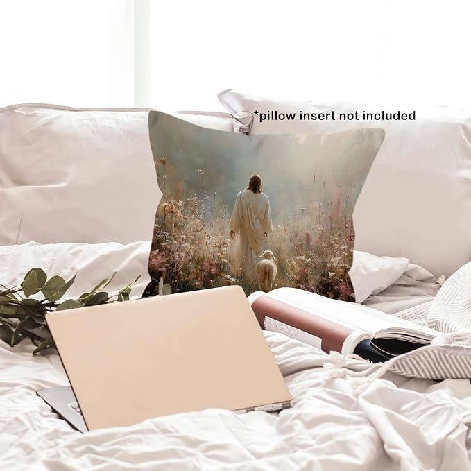Christian Jesus and Lamb Throw Pillow Covers Gifts 18x18, Jesus Leaves the 99 Sheep Decor Pillow Cases for Bedroom Living Room, Religious Cottagecore Decorative Square Pillowcases for Couch