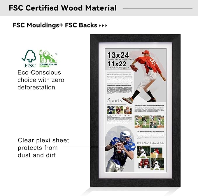 11x22 Up to 13x24 Newspaper Frame,Black,Engineered Wood,Polished Plexiglass