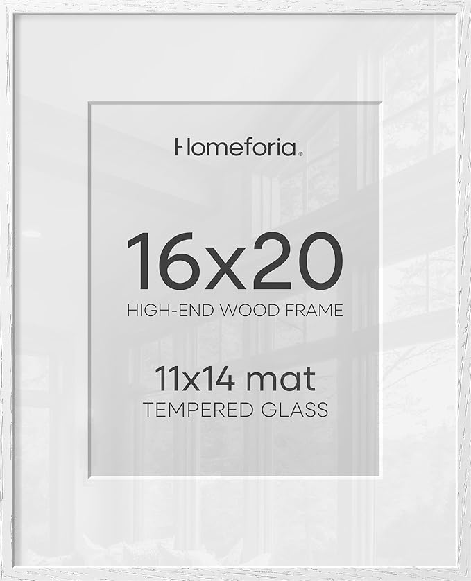 Homeforia 16x20 White Oak Picture Frame, High-End Wood, 11x14 Mat, Glass
