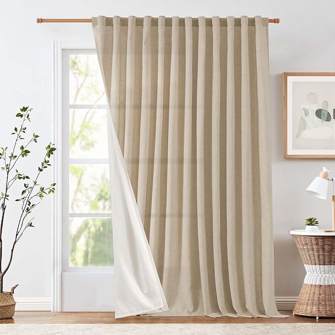 jinchan Lined Linen Curtains Extra Wide Back Tab 100x90 Inch 1 Panel Taupe | Light Filtering Curtains with White Privacy Liner, Cottage Core Farmhouse Curtains for Living Room, Rod Pocket 90 Inch Length