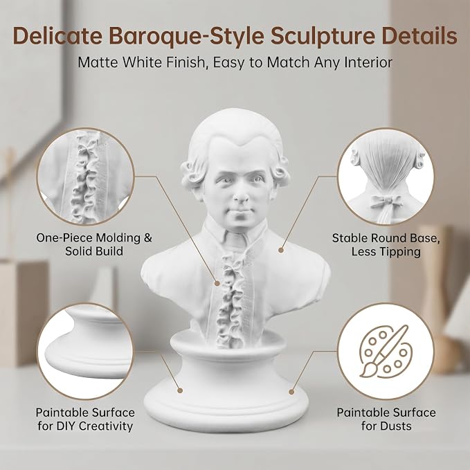 6" Mozart Bust Sculpture, Classic Resin Bust Sculpture Figurine