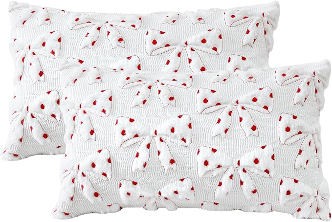 Artscope Valentines Bow Pillow Covers 12x20 Set of 2 Decorative Valentine's Day Throw Pillow Cases Soft Plush Faux Fur Couch Cushion Case for Holiday Sofa Bed Room Home Decor-White Bow