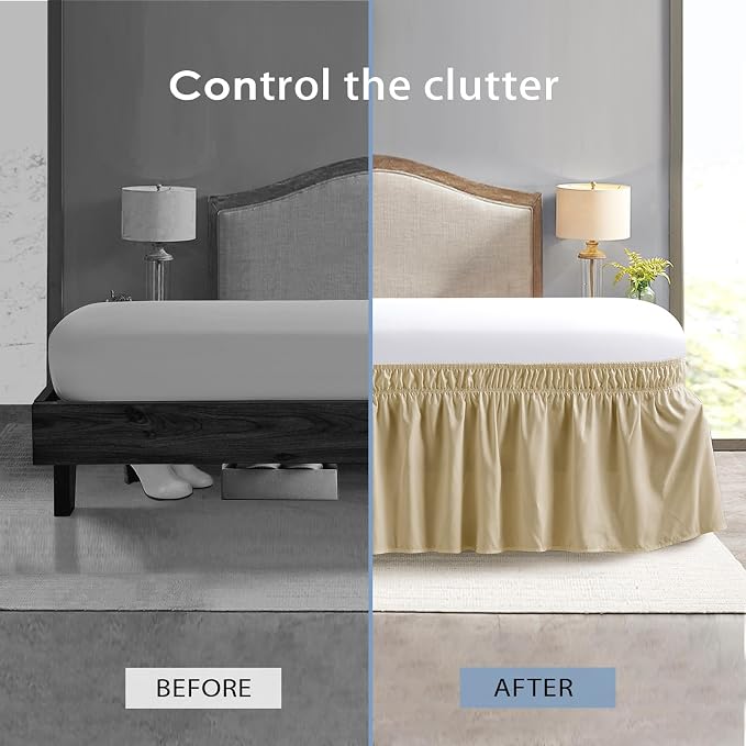 FreshCulture Elastic Wrap Around Bed Skirt - Easy Fit with 18-Inch Tailored Drop, Hotel Quality Dust Ruffle for Full Size Bed (Beige)