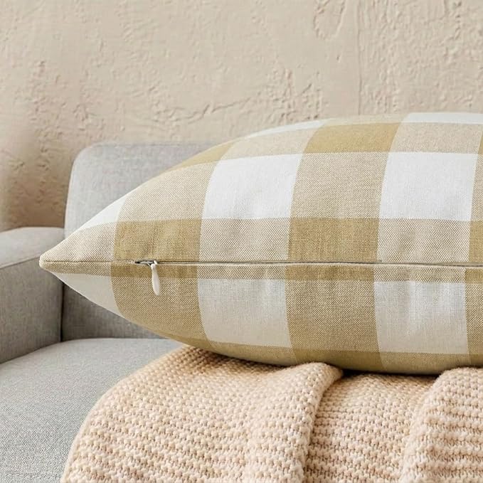 CARRIE HOME Brown Buffalo Check Plaid Couch Pillow Covers 18x18 Set of 2, Neutral Modern Farmhouse Dark Brown Khaki Tan Throw Pillows 18 x 18 for Living Room Sofa (No Pillow Inserts)