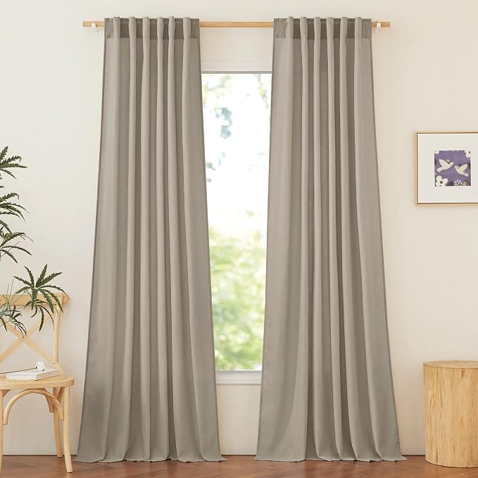 NICETOWN Rod Pocket & Back Tab Thick Flax Semi Sheer Linen Curtains, Privacy with Light Filtering Panels for Home Decor, Taupe, W55 x L95, 2 Panels