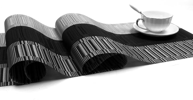 SHACOS Woven Vinyl Table Runner PVC Table Runner 12 x 71 inch Wipe Clean Indoor Outdoor, Ombre Black and Gray