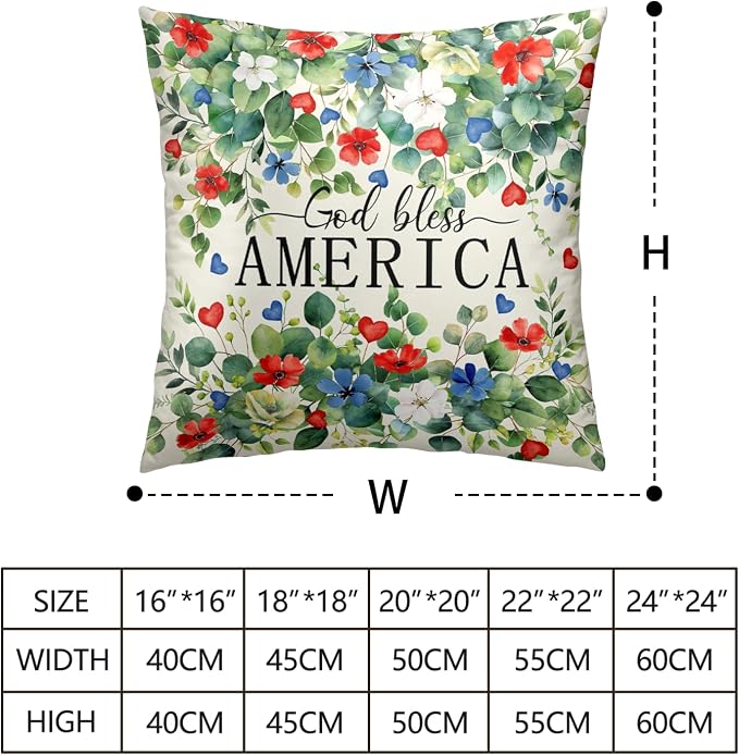 4th of July Patriotic Pillow Covers Memorial Day Red White Blue Flower Throw Pillow Covers 20x20 Set of 2 God Bless America Pillow Cases Eucalyptus Leaf Cushion Cases for Home Sofa
