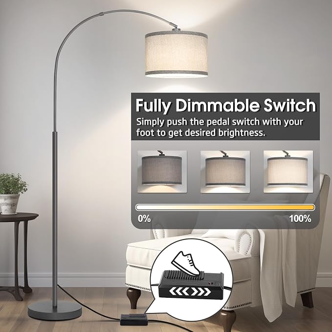 Arc Floor Lamp with Dimmer,Dimmable Floor Lamp with Gray Adjustable Shade