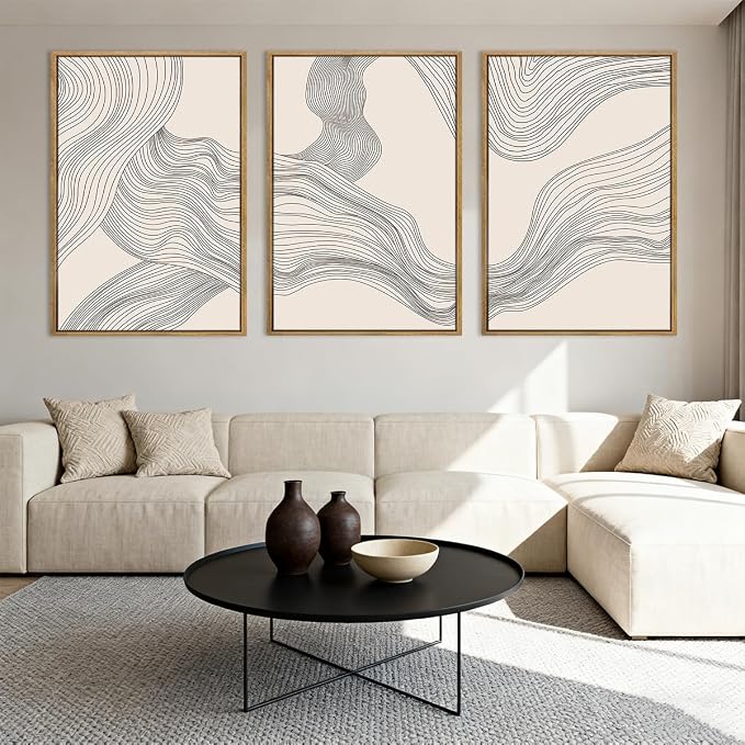 Beige Abstract Wall Art Framed Neutral Modern Canvas Wall Decor Minimalist Line Wave Painting16x24 Inch Pictures Set of 3 for Living Room Bedroom Dining Room