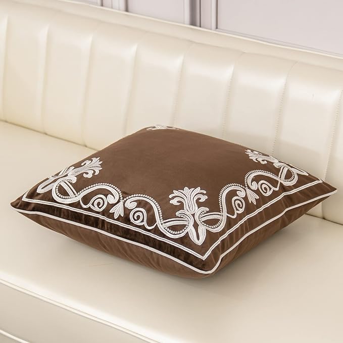 Aeckself European Floral Pillow Cover 18x18 Inch, Luxury Velvet Embroidered Decorative Throw Pillow Cover for Couch Bedroom Living Room, Brown and White