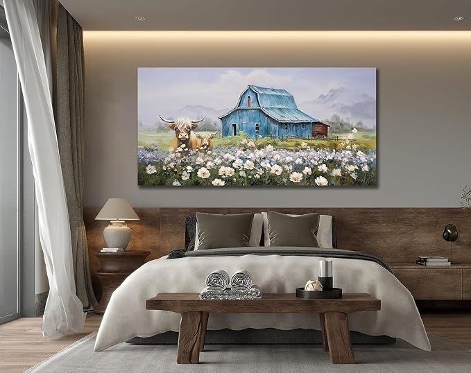 Anolyfi Farmhouse Highland Cow Canvas Wall Art for Living Room 58"x29" | HD Print, Waterproof Canvas, Easy to Hang, Durable and Colorfast, Country Barn Wall Decor for Bedroom Office Hallway Home