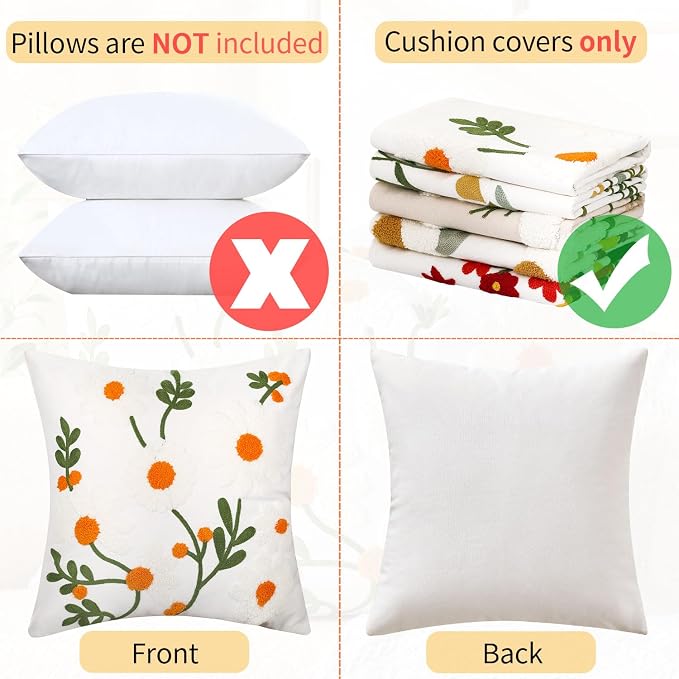 Embroidered Floral Throw Pillow Covers Decorative Tufted Couch Pillow Covers White Flowers Farmhouse Pillow Covers 20x20 Square Summer Cushion Cases Set of 2 for Living Room Couch Sofa Bed Home Decor